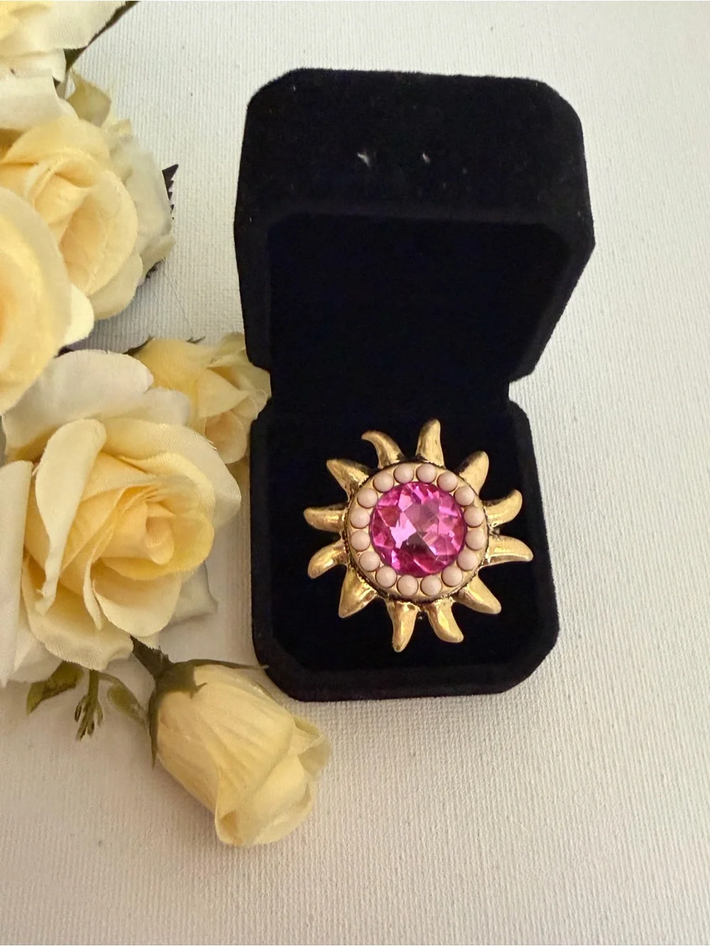 Kurt Geiger Gold Sunburst Cocktail Ring with Pink Stone Sz 9